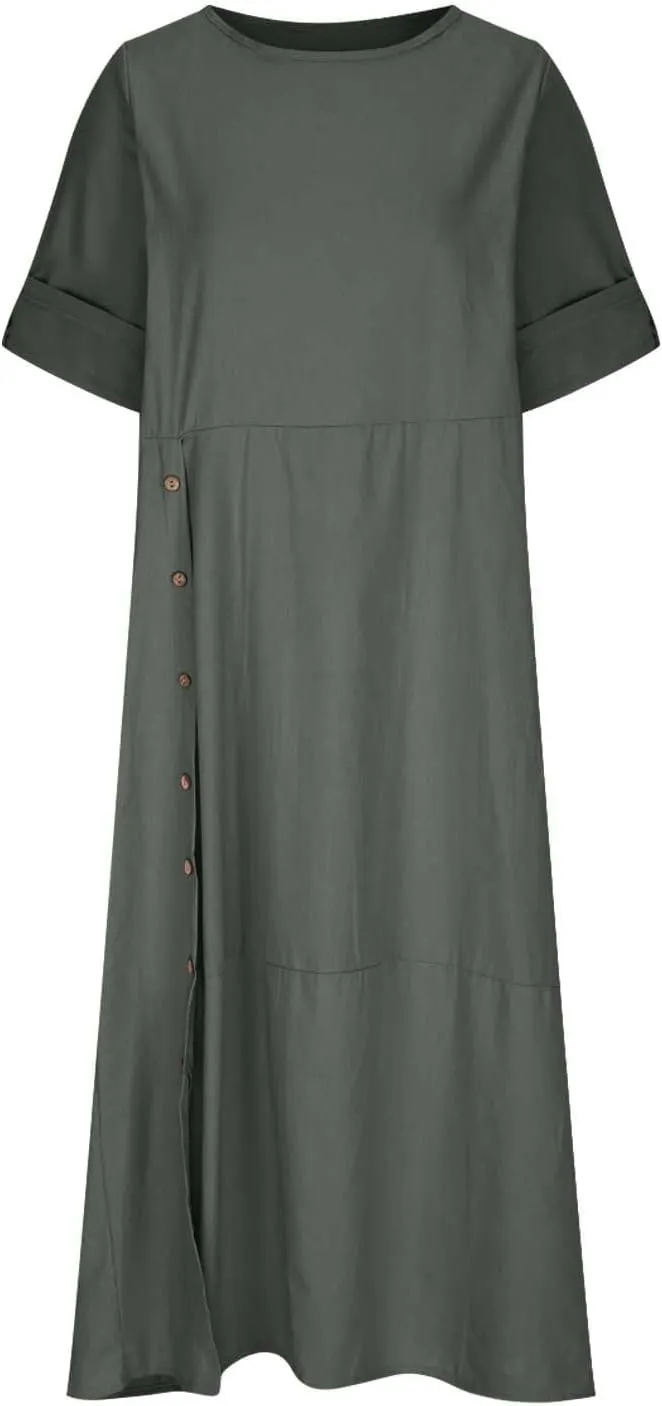 Linen Sundress for Women 2025 Casual Short Sleeve Round Neck Dress Fashion Solid Loose Pleated Long Dresses