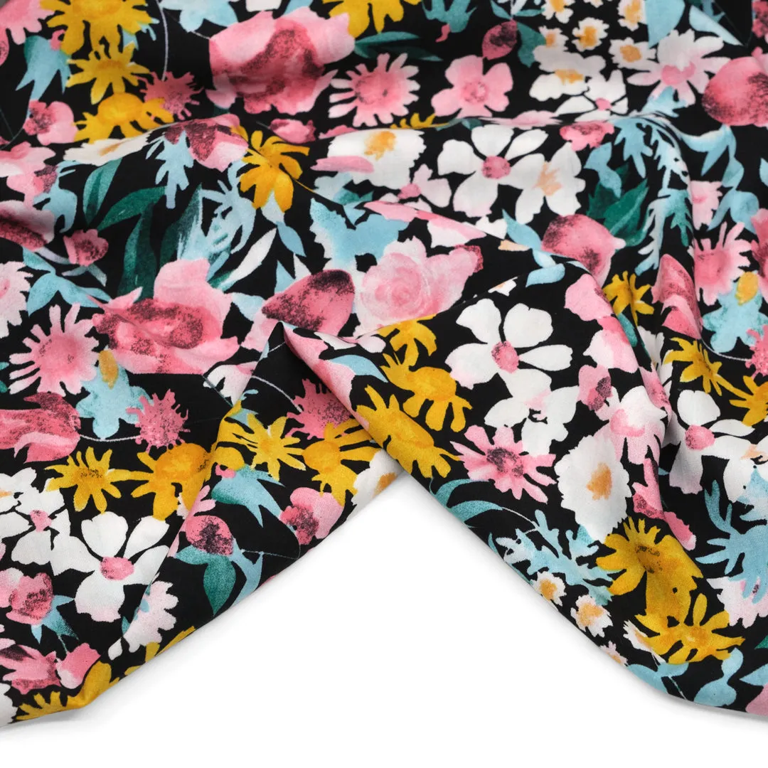 Lively Flowerbed Rayon Voile - Black/Blush/Marigold