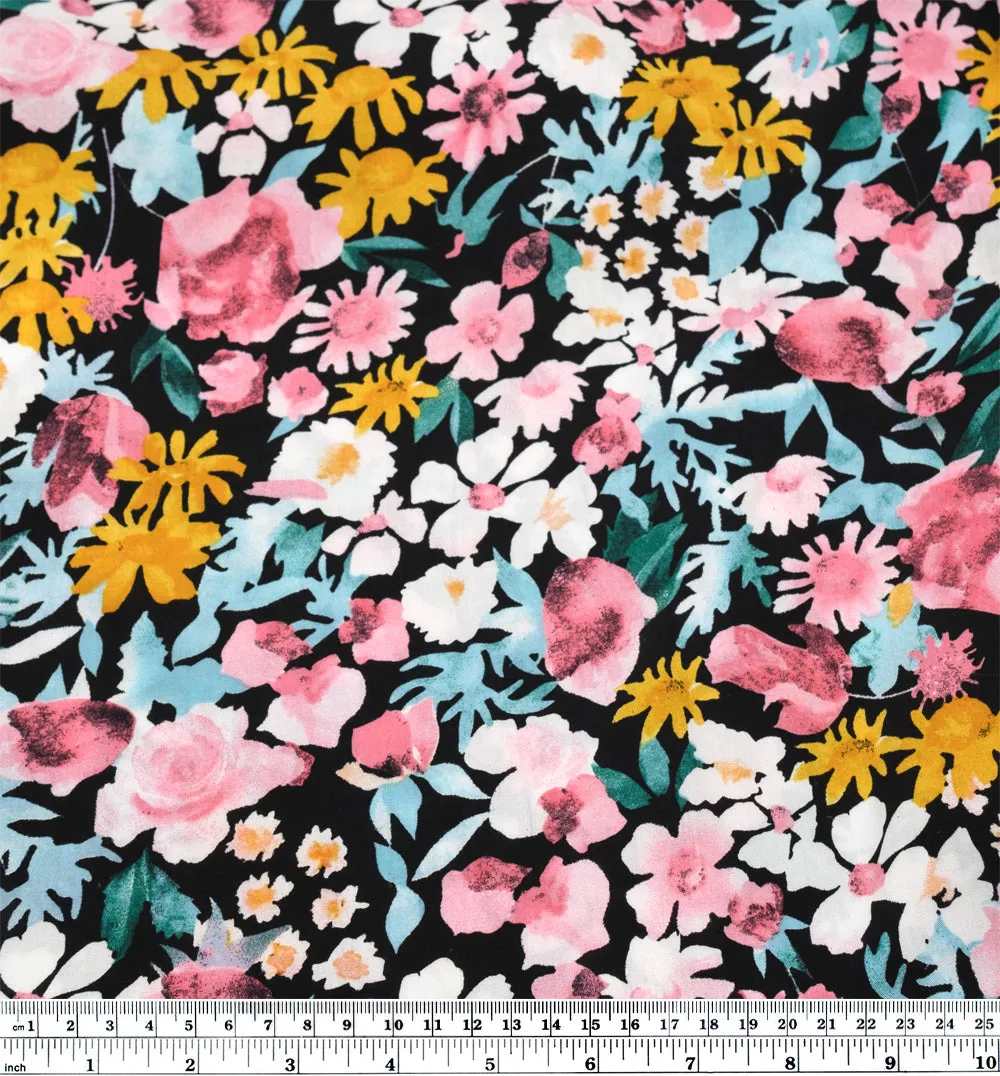Lively Flowerbed Rayon Voile - Black/Blush/Marigold