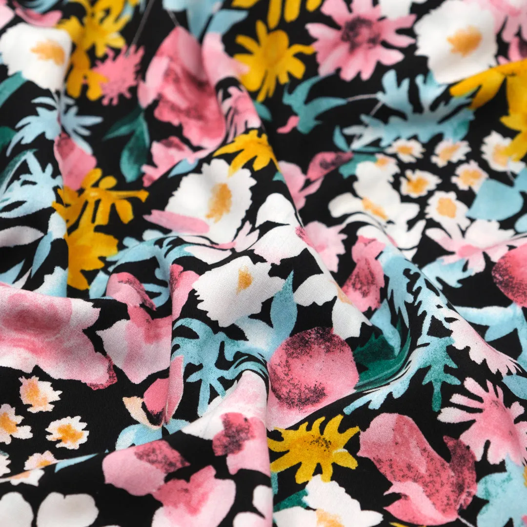 Lively Flowerbed Rayon Voile - Black/Blush/Marigold