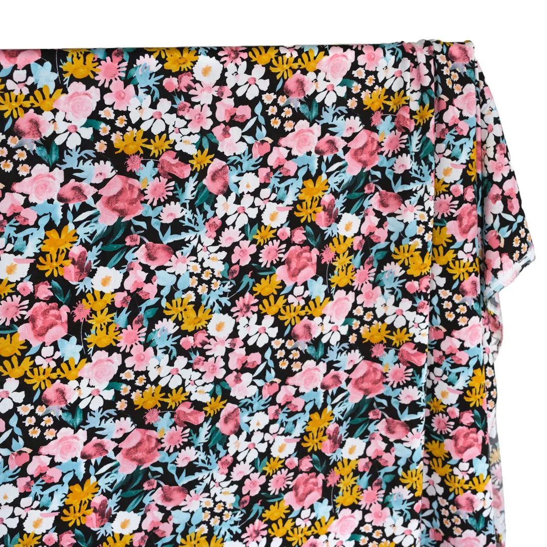 Lively Flowerbed Rayon Voile - Black/Blush/Marigold