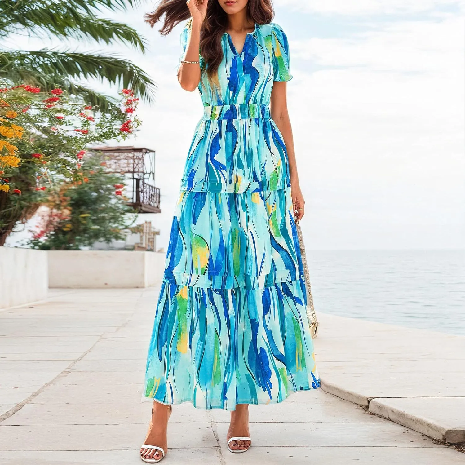 Long Floral Dresses for Women V Neck Summer Short Sleeve Loose Classy Sundresses Fashion Party Maxi Dresses