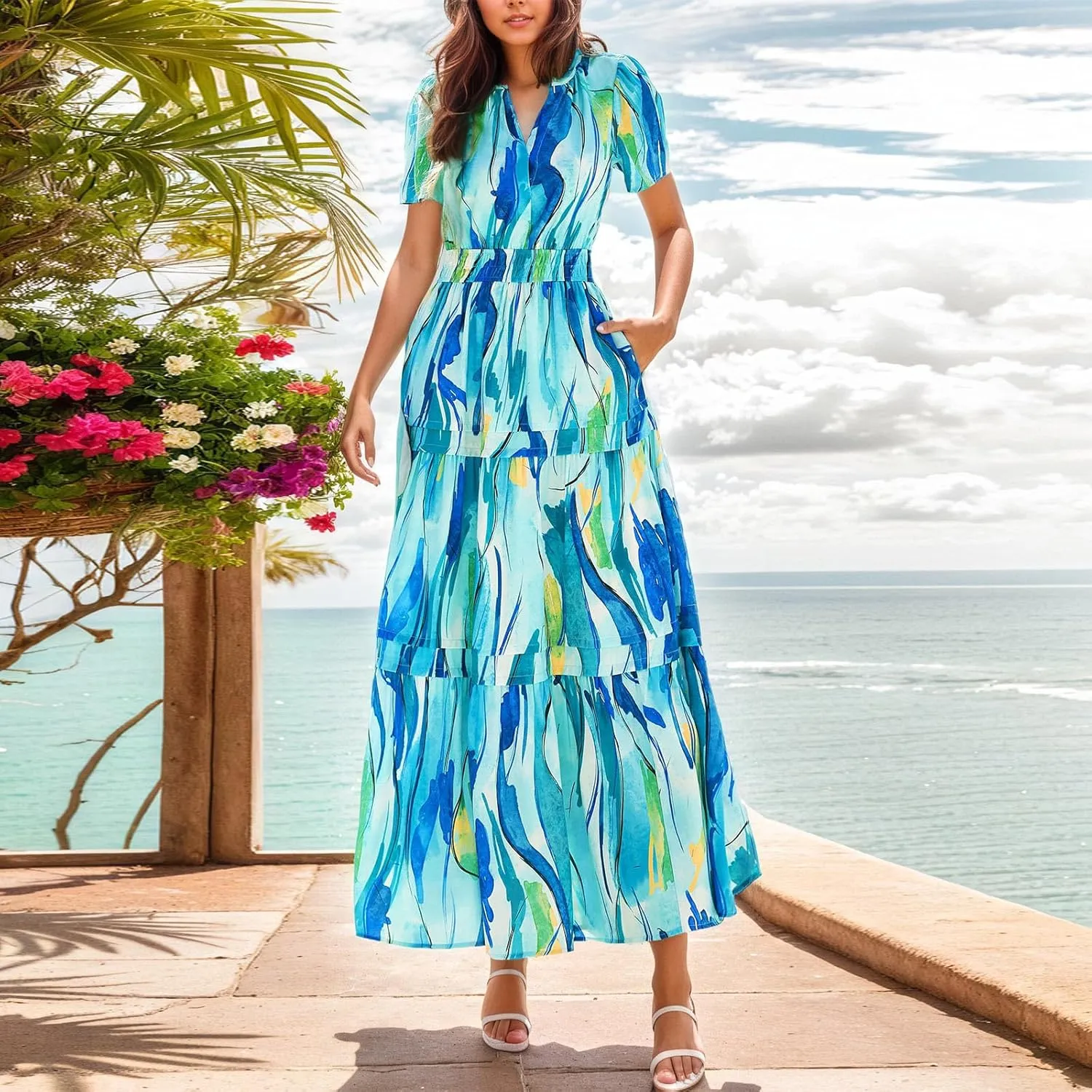 Long Floral Dresses for Women V Neck Summer Short Sleeve Loose Classy Sundresses Fashion Party Maxi Dresses