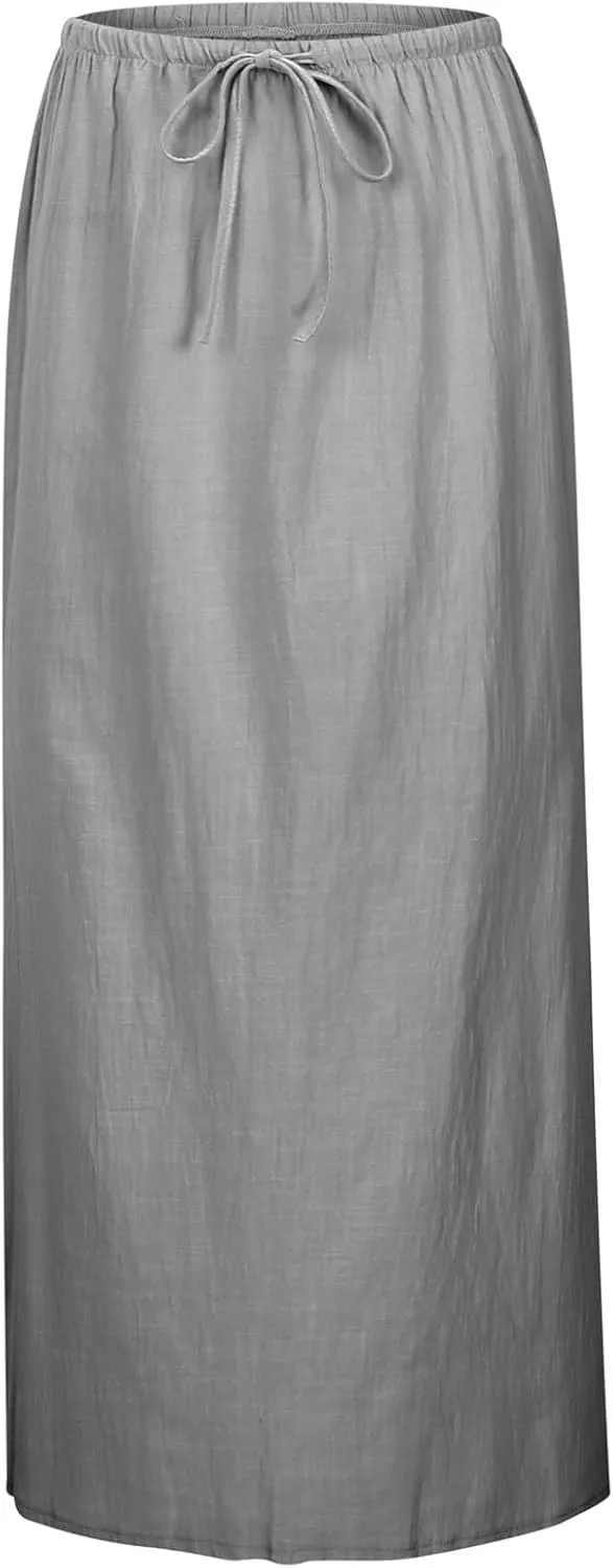 Long Skirts for Women Linen Drawstring High Waist Bodycon Maxi Skirts Boho Flowy Trendy Beach Vacation Summer 2025
