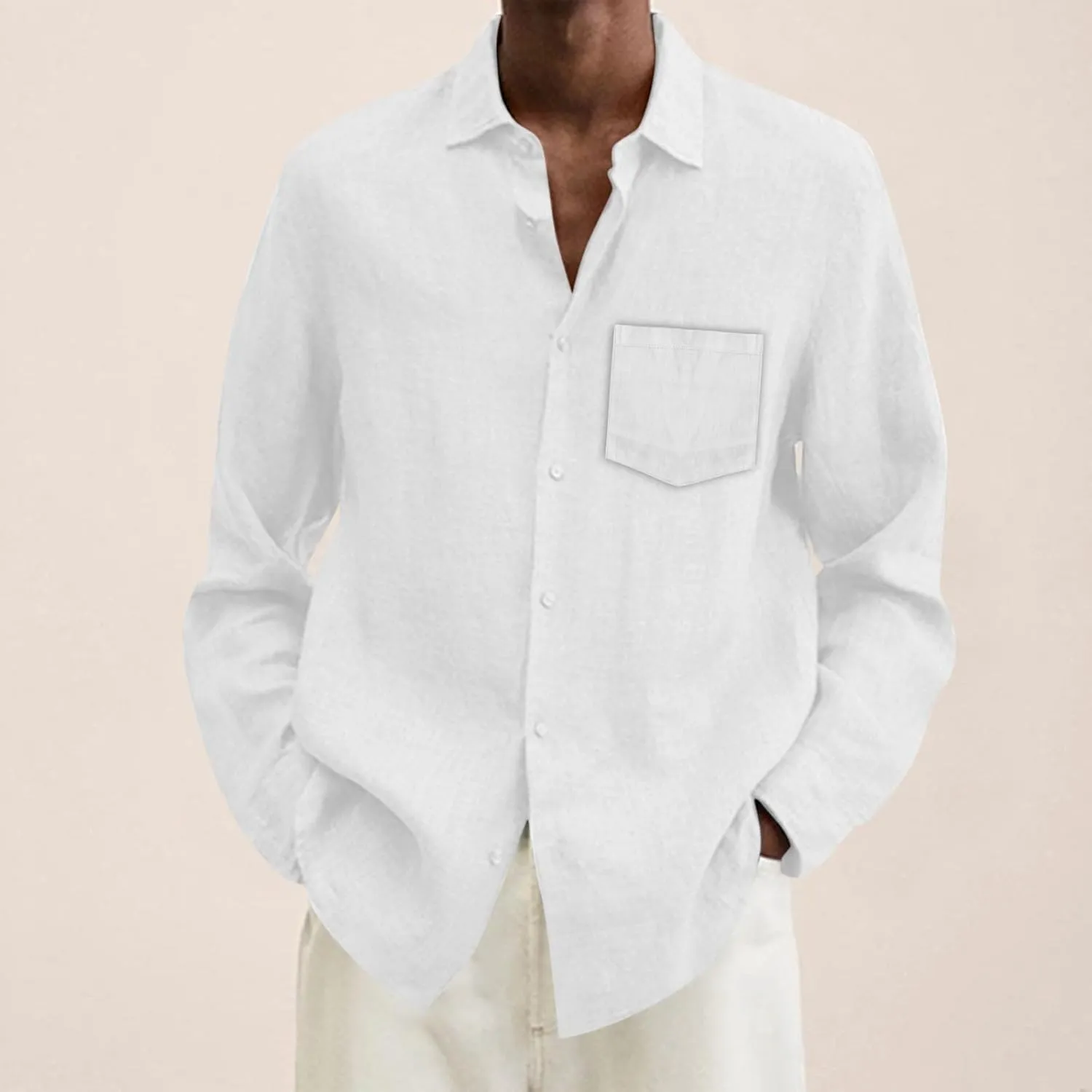 Male Summer Linen Solid Casual Plus Size Loose Shirt Mens Turn Down Long Sleeve Shirt Men's 5X T Shirts