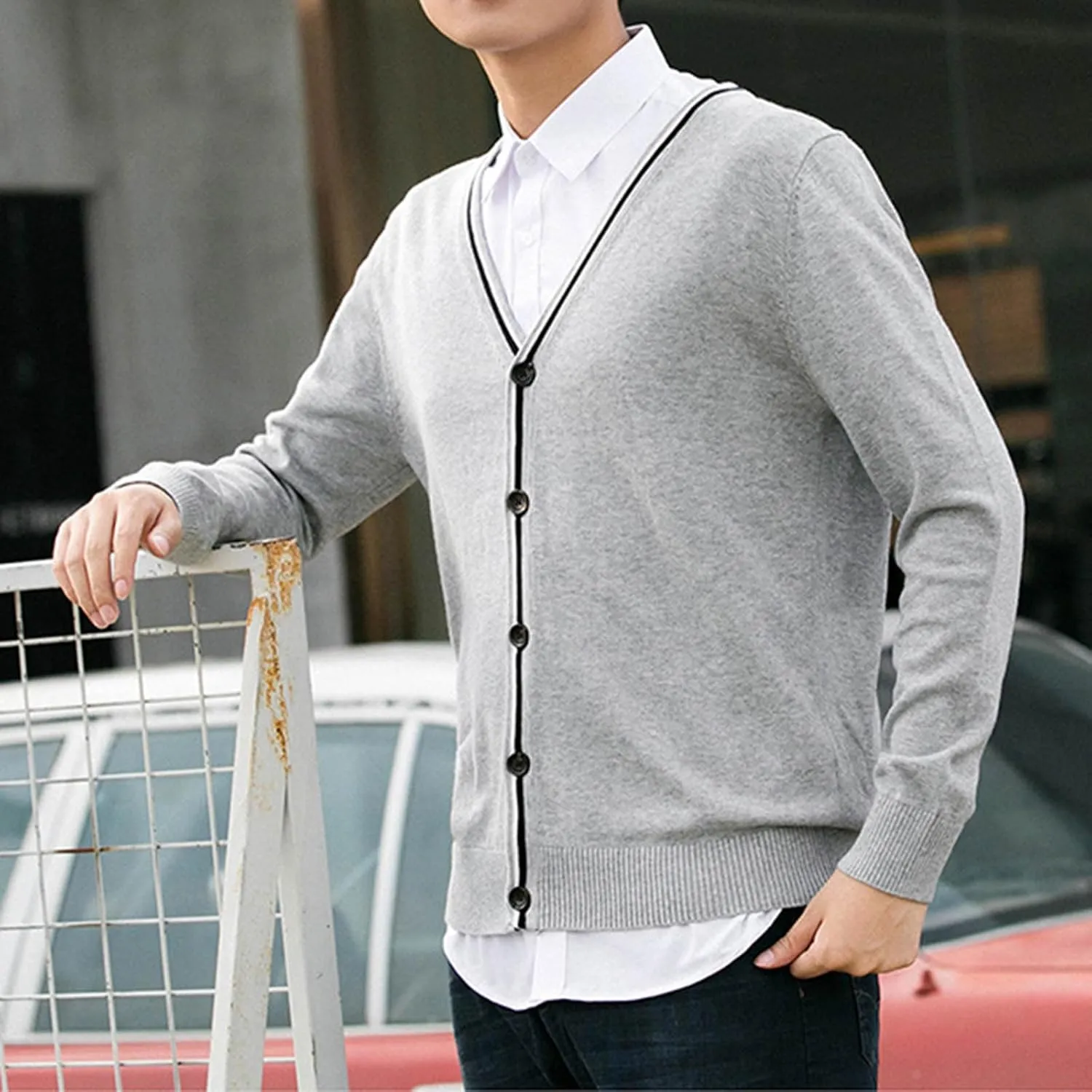 Mens Button Down Long Sleeve Shirt Knit V Neck Cardigan Botton Down Slim Autumn Tops College Students Outfits