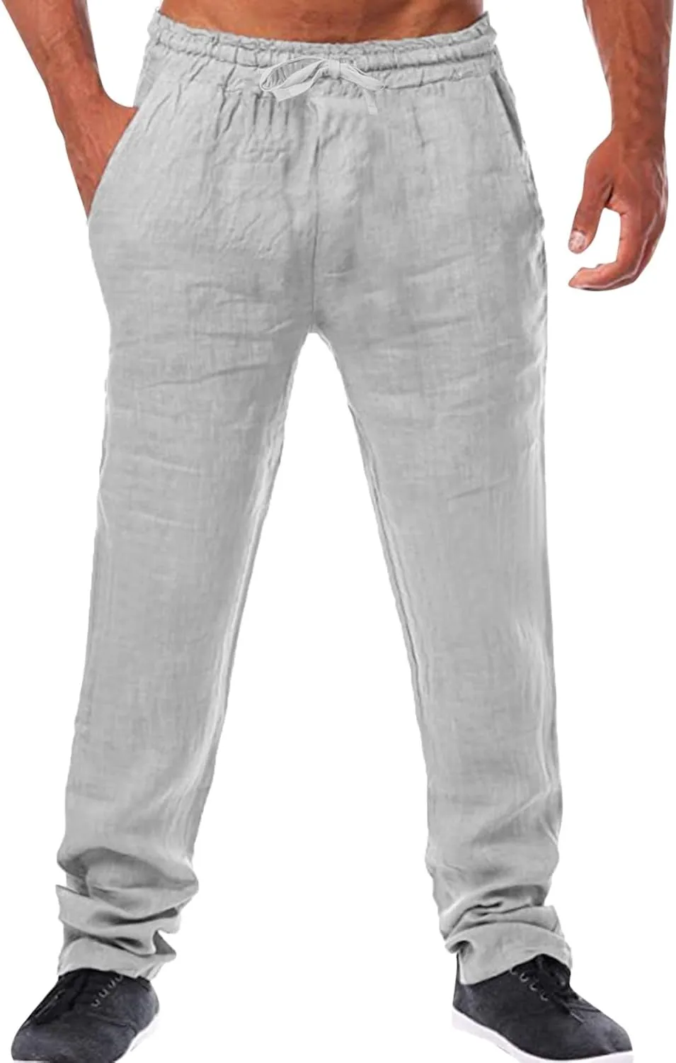 Mens Casual Linen Pants Elastic Waist Drawstring Trousers Athletic Gym Sweatpants Hiking Hunting Work Pant Chino Pant Mens Cargo Pants