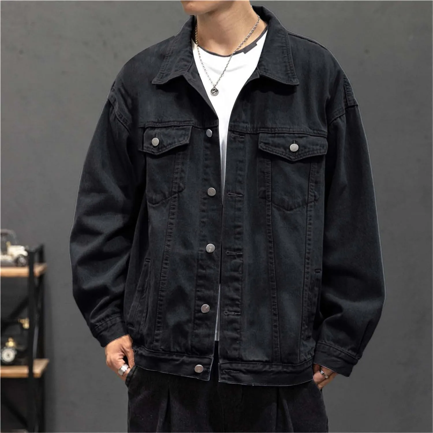 Mens Fashion Denim Jackets Casual Loose Fit Button Down Denim Trucker Jackets Long Sleeve Distressed Cowboys Jacket