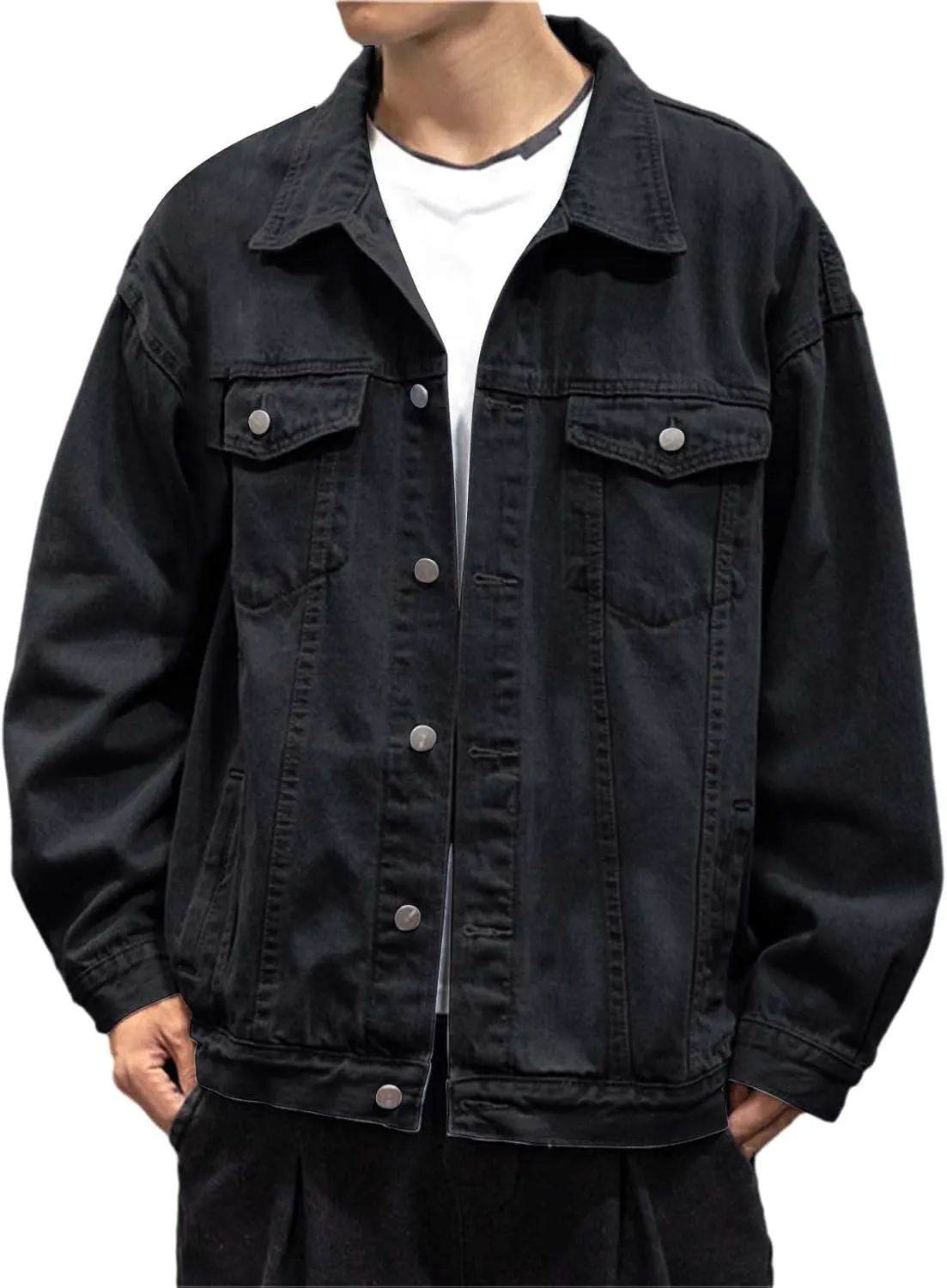 Mens Fashion Denim Jackets Casual Loose Fit Button Down Denim Trucker Jackets Long Sleeve Distressed Cowboys Jacket