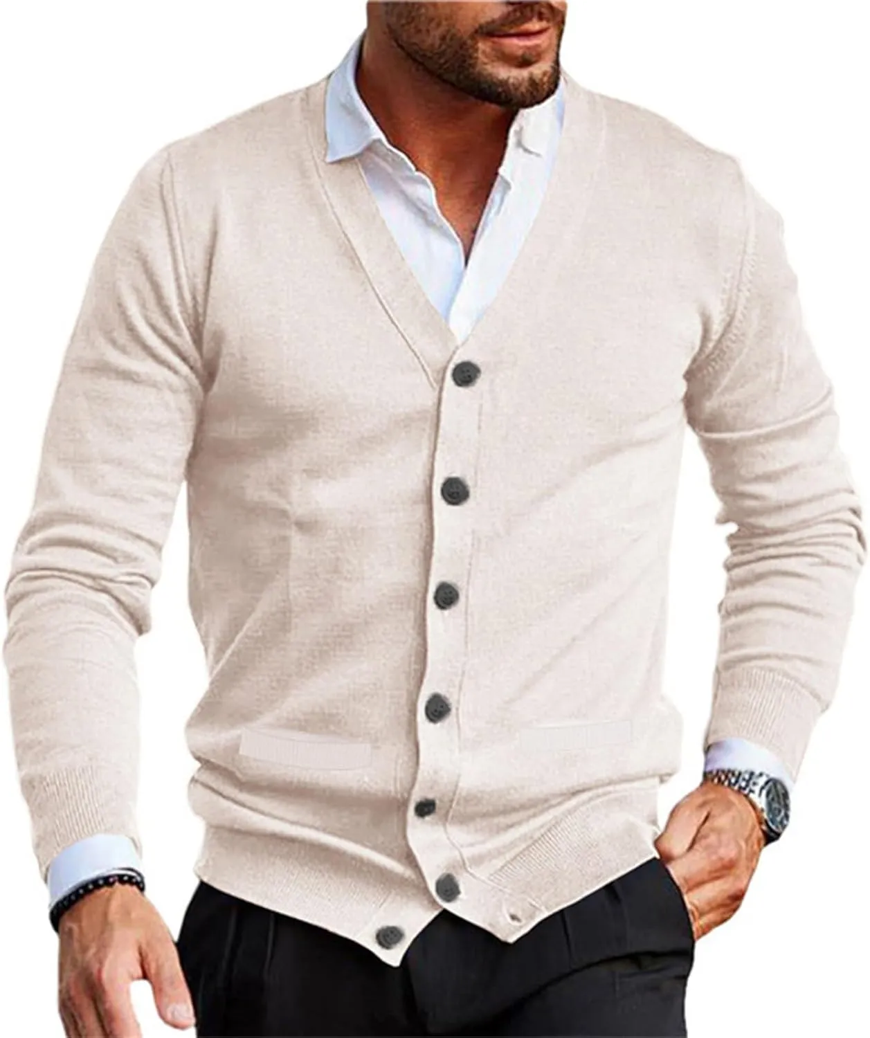 Mens Loose Button Up Knit Cardigan Soft Lightweight V-Neck Long Sleeve Sweater Basic Designed Knitted Outwear
