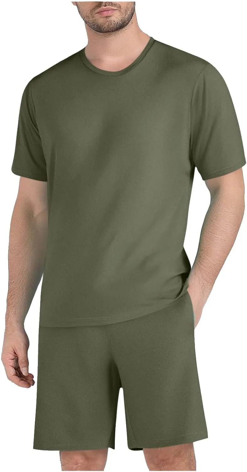 Mens Short Sets 2 Piece Outfits Summer Beach Casual Tracksuit Sports Shirt and Shorts Set Cotton Linen Suit