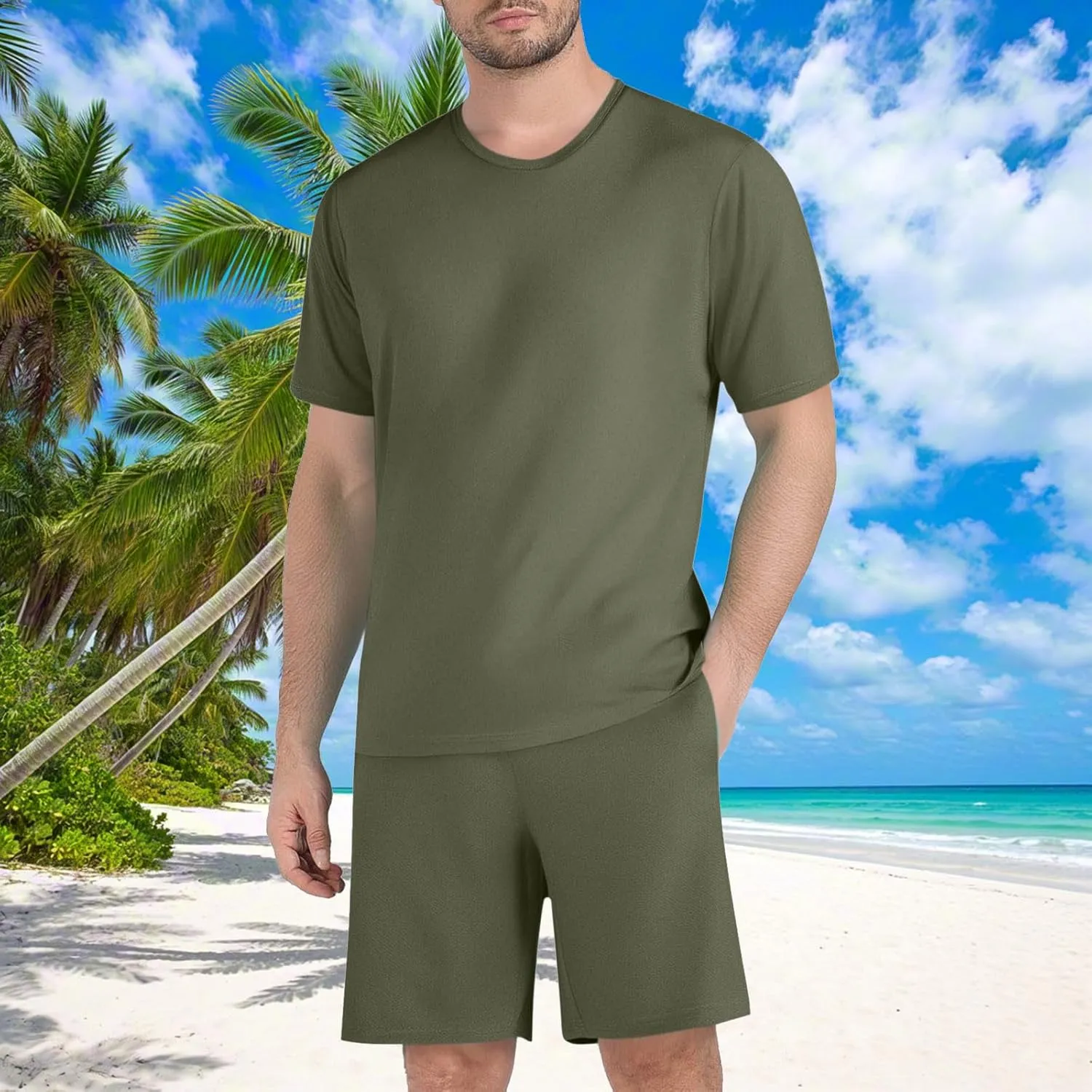 Mens Short Sets 2 Piece Outfits Summer Beach Casual Tracksuit Sports Shirt and Shorts Set Cotton Linen Suit