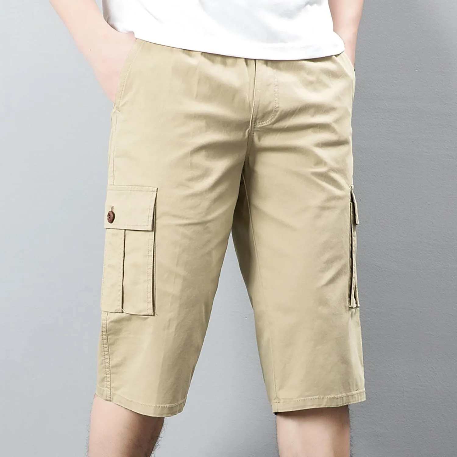 Mens Shorts Elastic Waist Cargo Shorts Cotton Work Shorts Multi Pocket Casual Comfort Flex Waistband Shorts