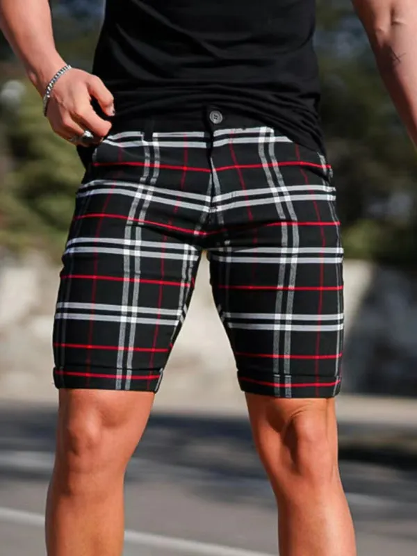 men's skinny plaid plus size casual shorts
