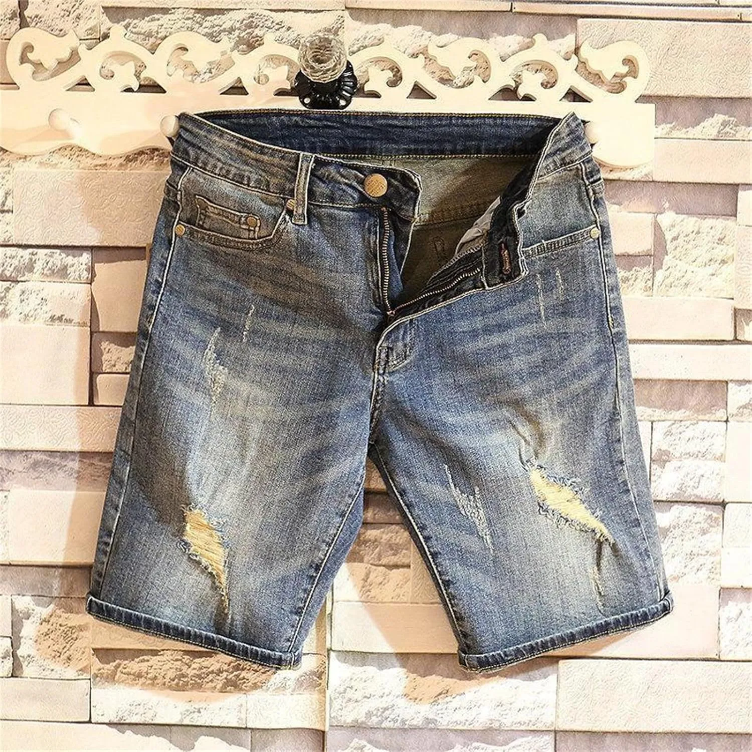 Men's Stretch Ripped Denim Shorts Casual Summer Jeans Shorts Straight Length Casual Jean Shorts