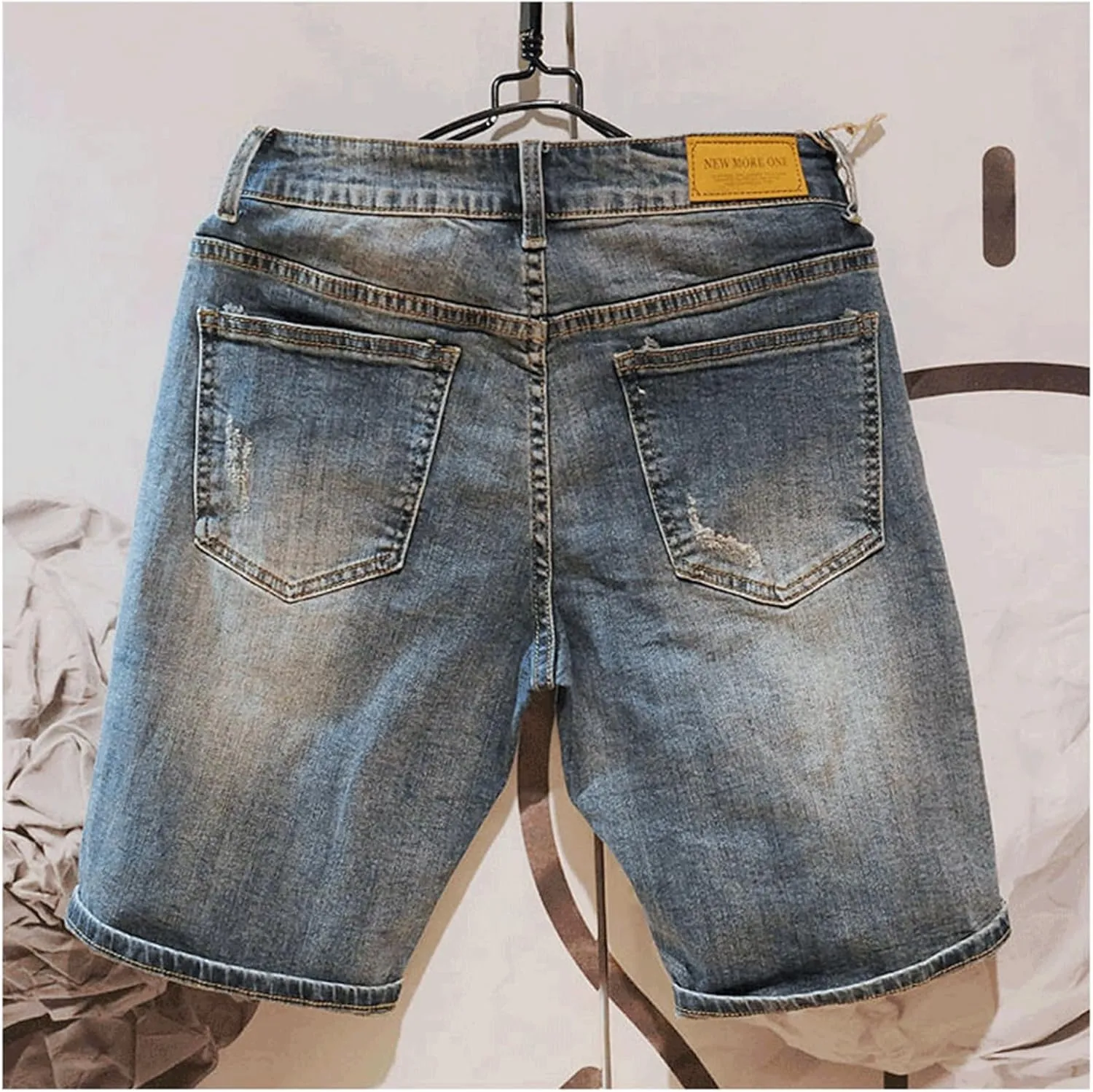 Men's Stretch Ripped Denim Shorts Casual Summer Jeans Shorts Straight Length Casual Jean Shorts