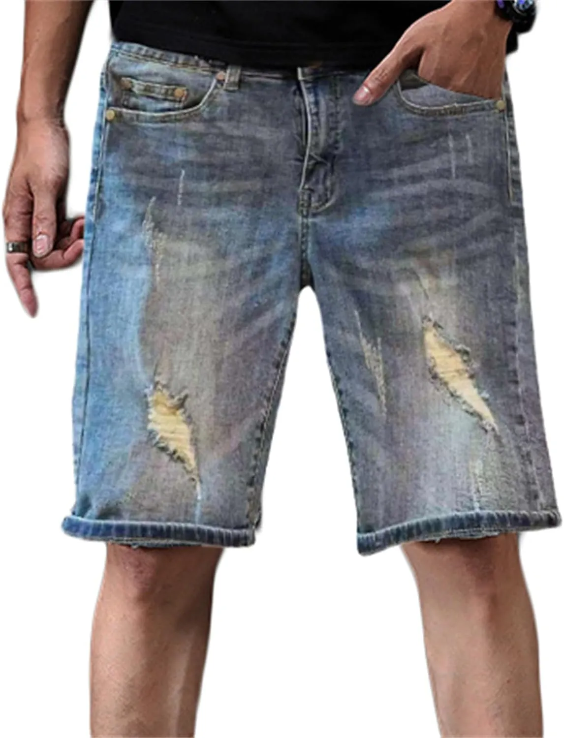Men's Stretch Ripped Denim Shorts Casual Summer Jeans Shorts Straight Length Casual Jean Shorts
