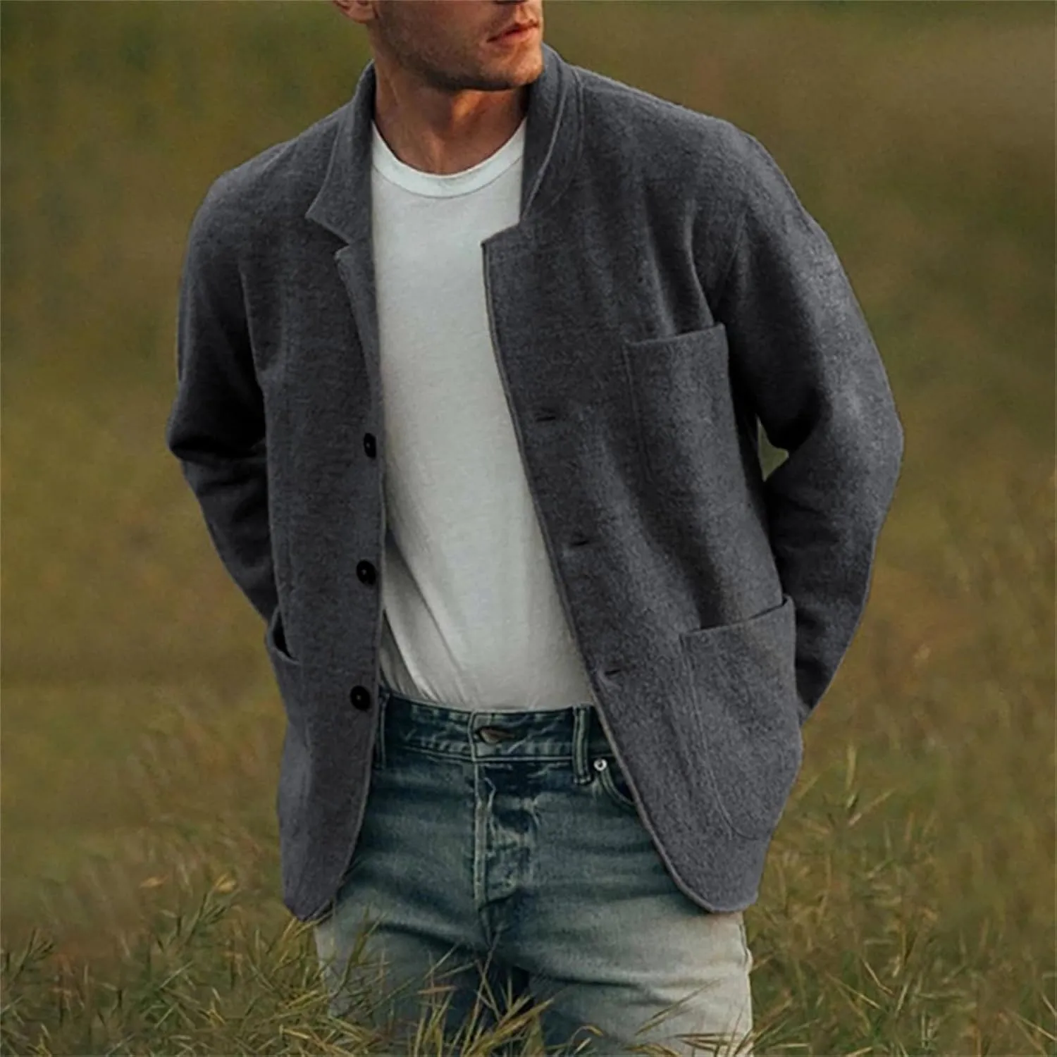 Mens Wool Blend Jacket Lightweight Casual Outwear Notch Lapel Shacket Jacket Single Breasted Coat with Pockets