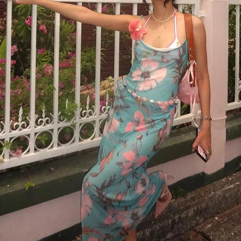 Metaversmall Fashion Chic Strap Mesh Maxi Dress Female Vintage Holidays French Flowers Printed Summer Dress Long Elegant Sundress