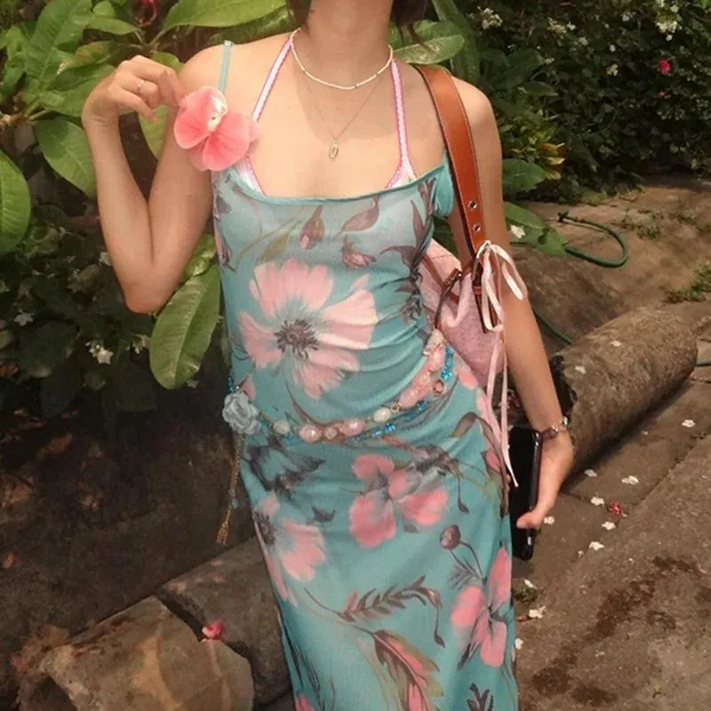 Metaversmall Fashion Chic Strap Mesh Maxi Dress Female Vintage Holidays French Flowers Printed Summer Dress Long Elegant Sundress