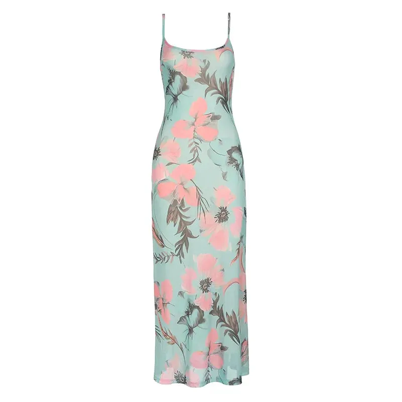Metaversmall Fashion Chic Strap Mesh Maxi Dress Female Vintage Holidays French Flowers Printed Summer Dress Long Elegant Sundress
