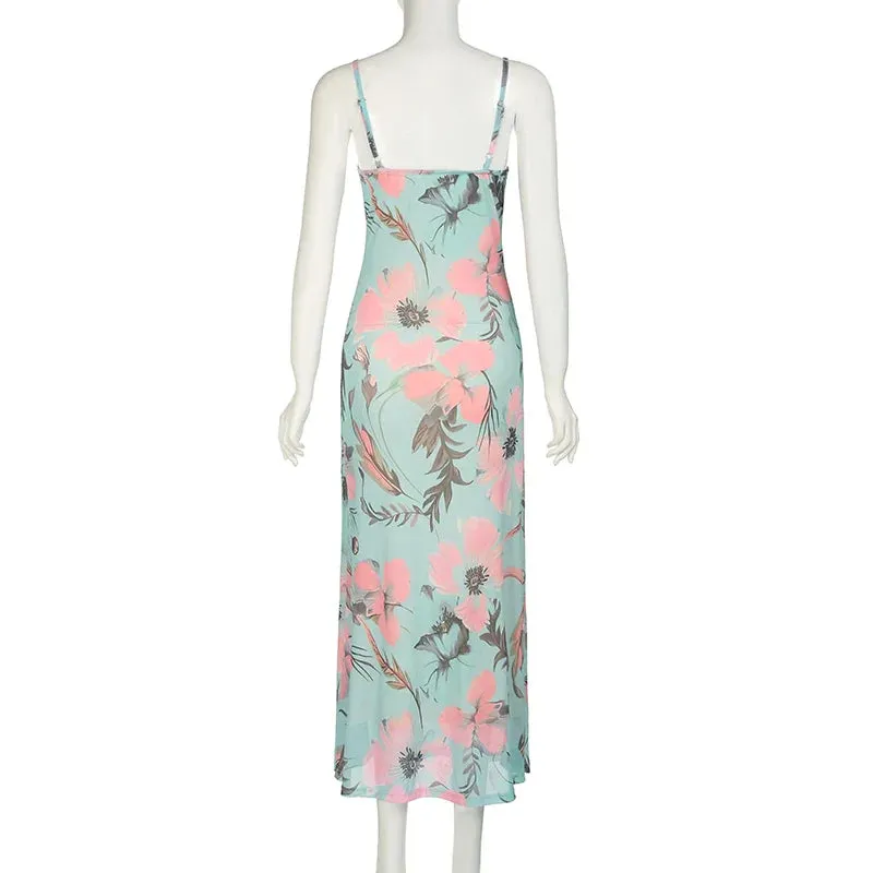 Metaversmall Fashion Chic Strap Mesh Maxi Dress Female Vintage Holidays French Flowers Printed Summer Dress Long Elegant Sundress