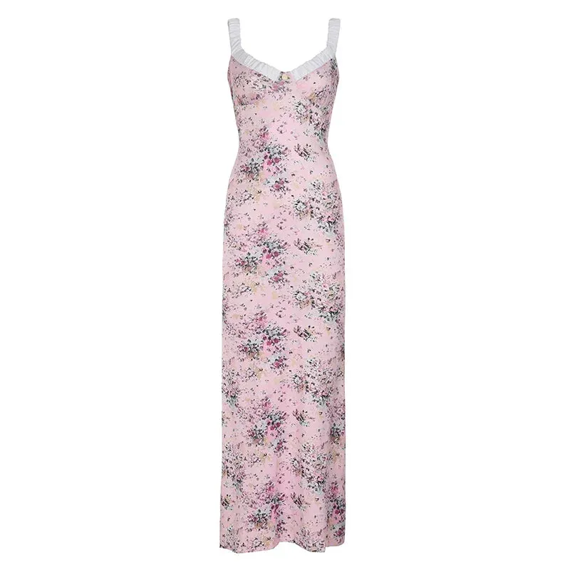 Metaversmall Fashion Elegant Holidays Sexy Long Dress Ladies Slim Strap Fairycore Chic Patched Floral Print Sundress Summmer Dress
