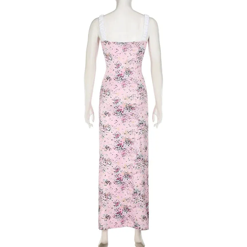 Metaversmall Fashion Elegant Holidays Sexy Long Dress Ladies Slim Strap Fairycore Chic Patched Floral Print Sundress Summmer Dress