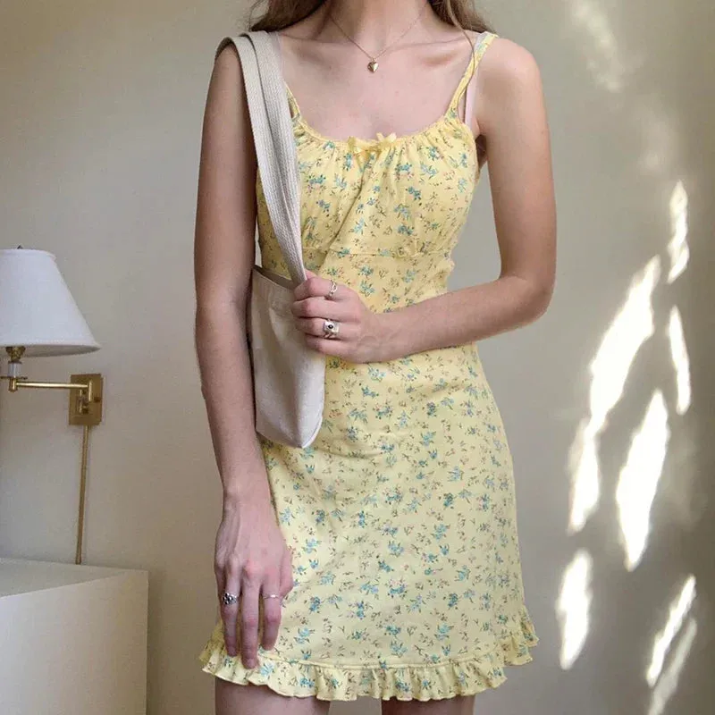 Metaversmall Spaghetti Strap Holidays Summer Mini Dress Ruffles Bow Small Flowers Printing Sundress French Chic Women's Dress New