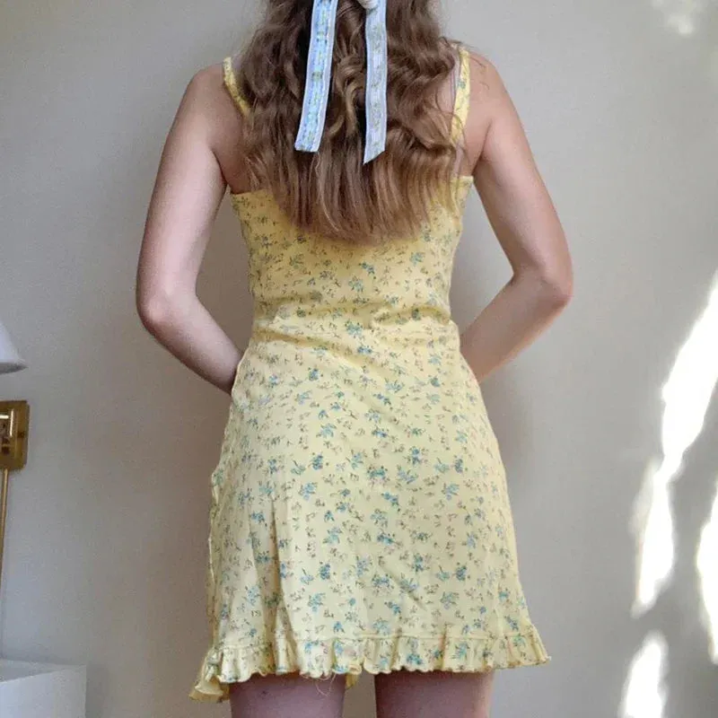 Metaversmall Spaghetti Strap Holidays Summer Mini Dress Ruffles Bow Small Flowers Printing Sundress French Chic Women's Dress New