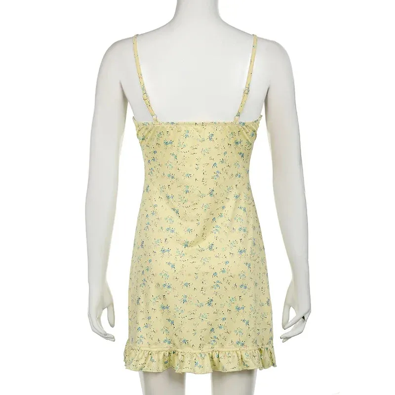 Metaversmall Spaghetti Strap Holidays Summer Mini Dress Ruffles Bow Small Flowers Printing Sundress French Chic Women's Dress New