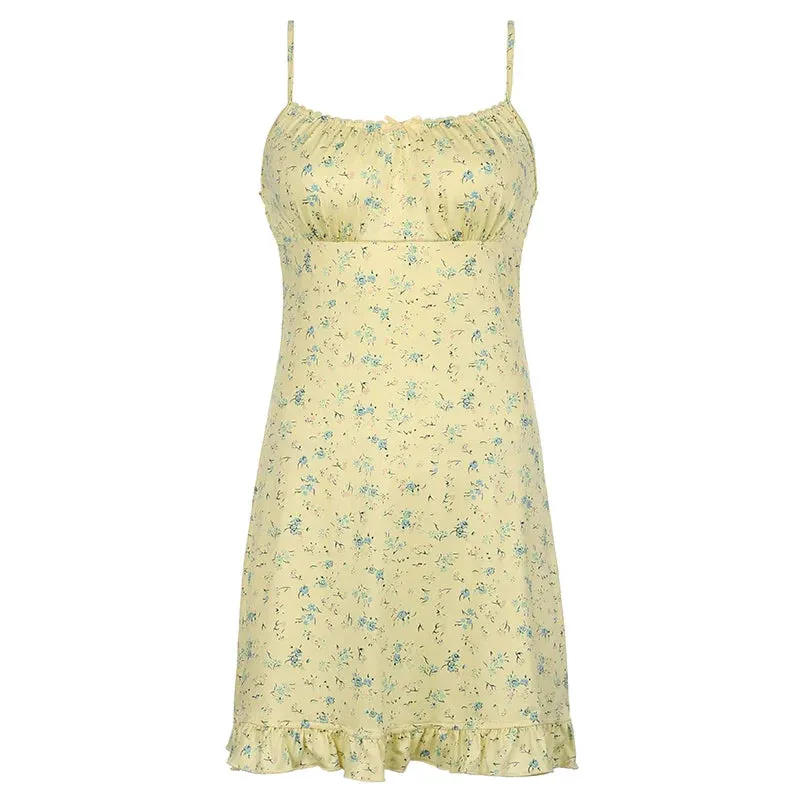 Metaversmall Spaghetti Strap Holidays Summer Mini Dress Ruffles Bow Small Flowers Printing Sundress French Chic Women's Dress New