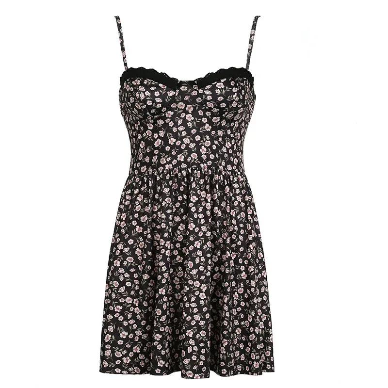 Metaversmall Strap Vintage Fashion Sexy Summer Dress Women Lace Trim Flowers Printed High Waisted Sundress Holidays Elegant Party