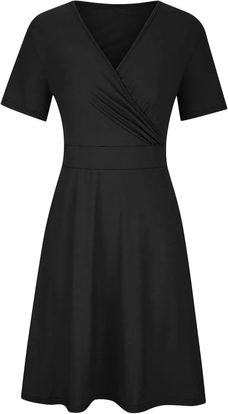 NaRHbrg Summer Dresses for Women 2024 Wrap V Neck Short Sleeve Midi Dress Ruffle Hem A-Line Sundress Cocktail Party Dress