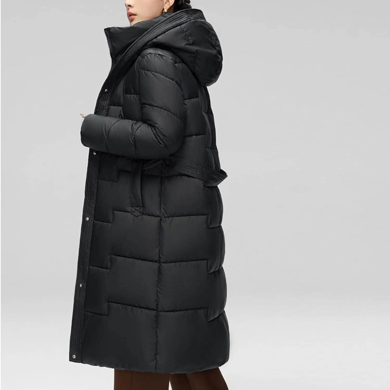 NATHGAM Long Puffer Coat Women Warm Thicken Hooded Puffer Coat Winter Knee Length Quilted Down Coats Belted Maxi Parka Jacket