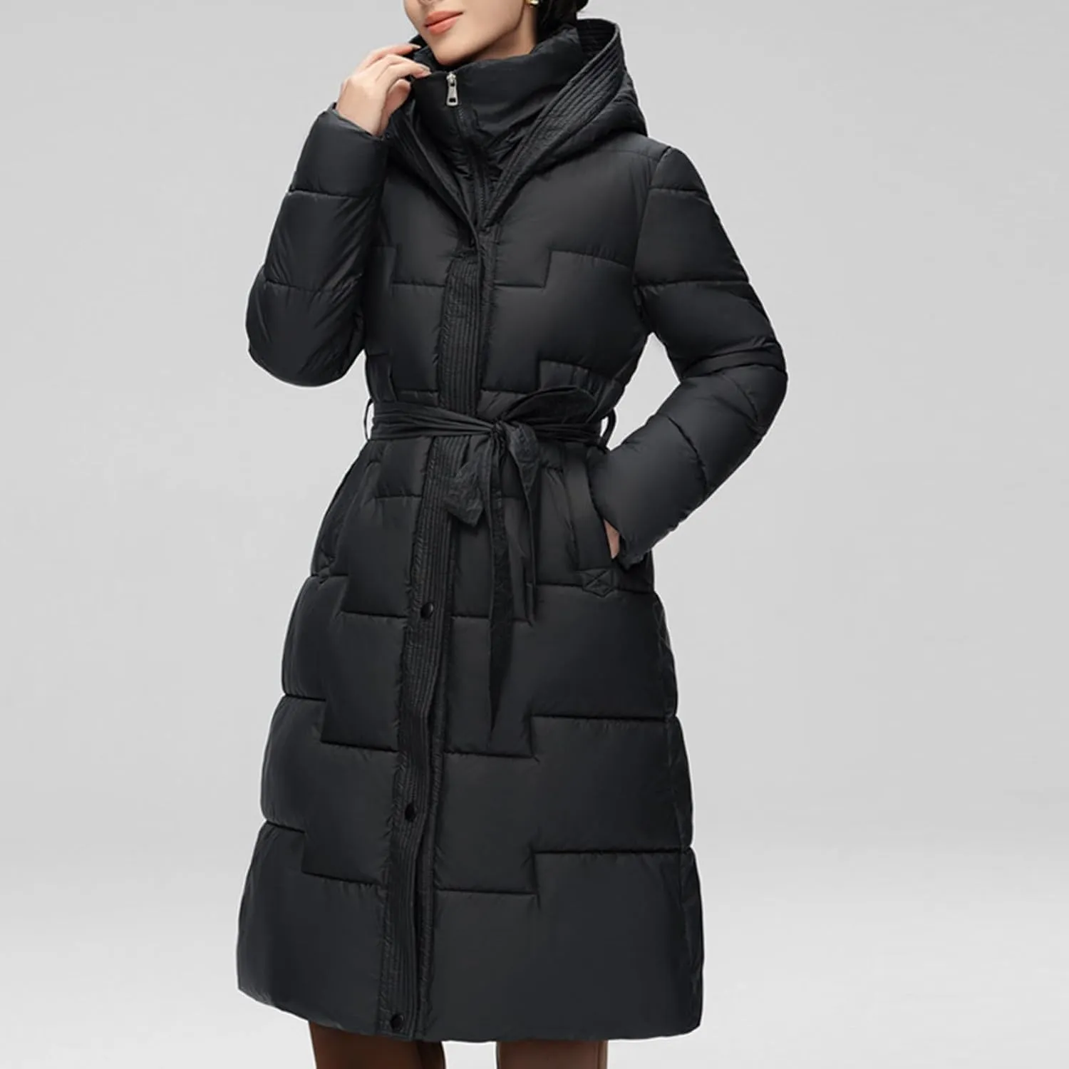 NATHGAM Long Puffer Coat Women Warm Thicken Hooded Puffer Coat Winter Knee Length Quilted Down Coats Belted Maxi Parka Jacket