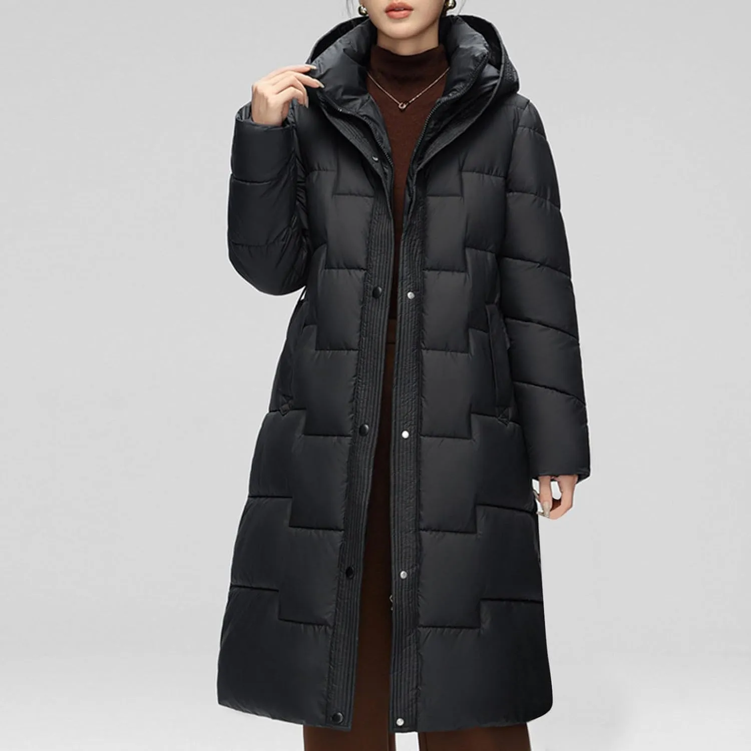NATHGAM Long Puffer Coat Women Warm Thicken Hooded Puffer Coat Winter Knee Length Quilted Down Coats Belted Maxi Parka Jacket