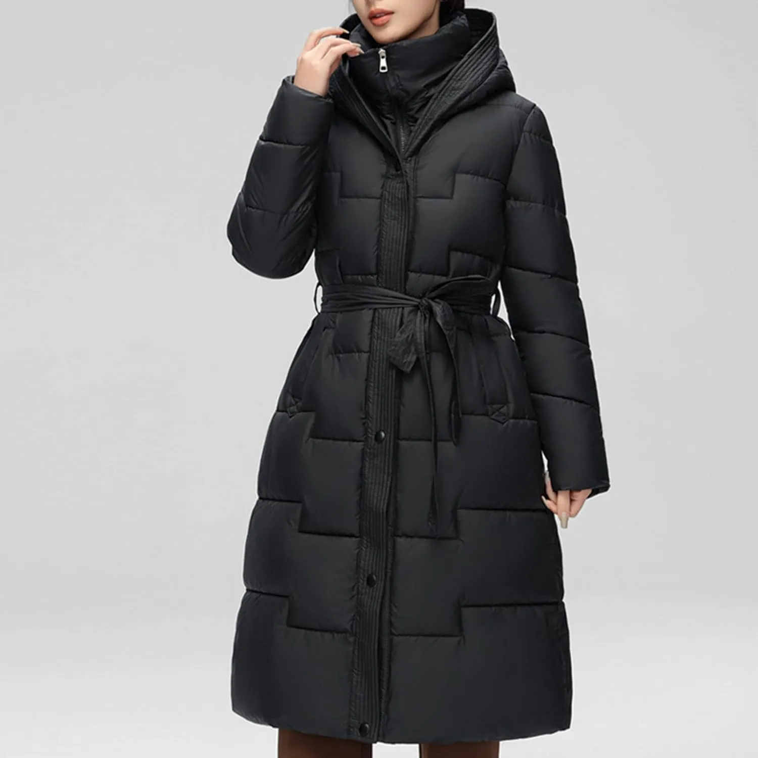 NATHGAM Long Puffer Coat Women Warm Thicken Hooded Puffer Coat Winter Knee Length Quilted Down Coats Belted Maxi Parka Jacket