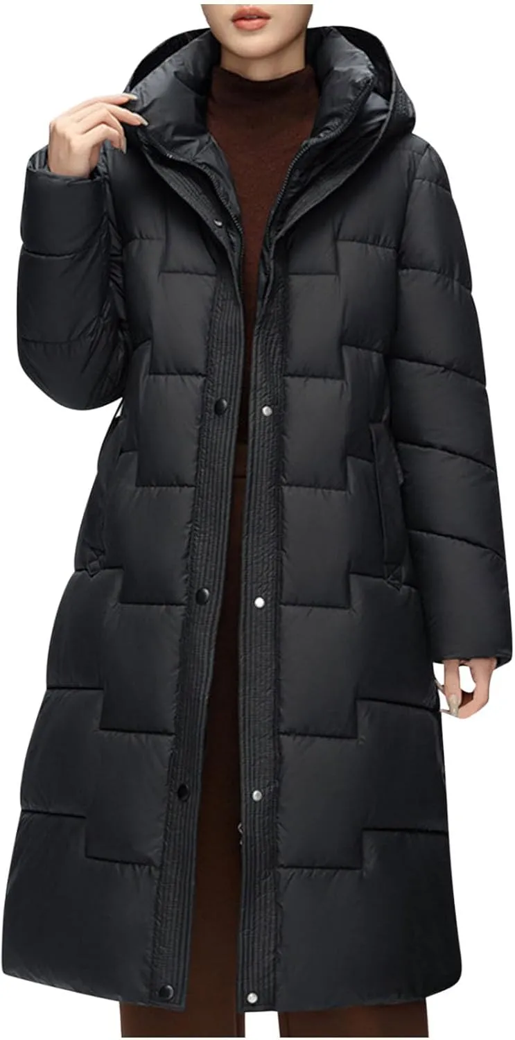 NATHGAM Long Puffer Coat Women Warm Thicken Hooded Puffer Coat Winter Knee Length Quilted Down Coats Belted Maxi Parka Jacket