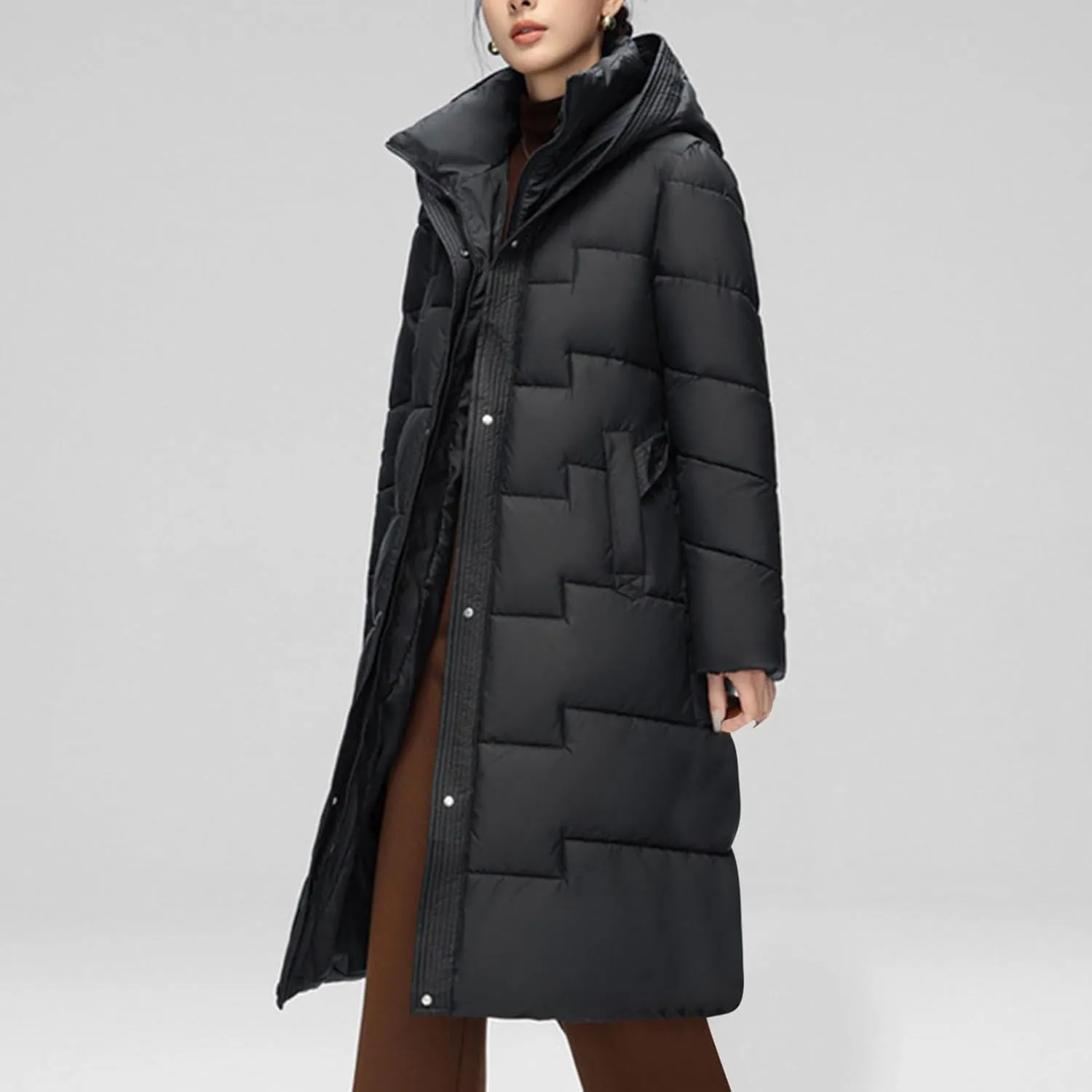 NATHGAM Long Puffer Coat Women Warm Thicken Hooded Puffer Coat Winter Knee Length Quilted Down Coats Belted Maxi Parka Jacket
