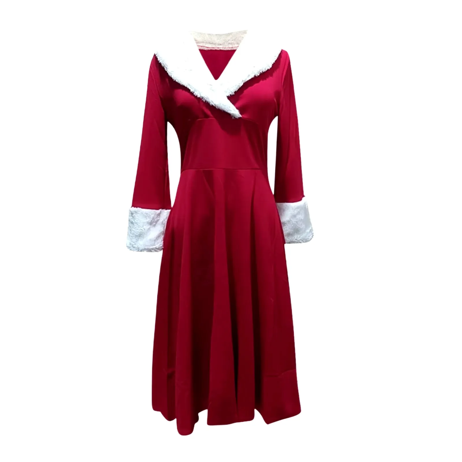 New Year Christmas Dress Women Christmas Sexy Costume Long Sleeve V Neck Plush Warm Party Pleated Elegant Tunic Swing Dresses
