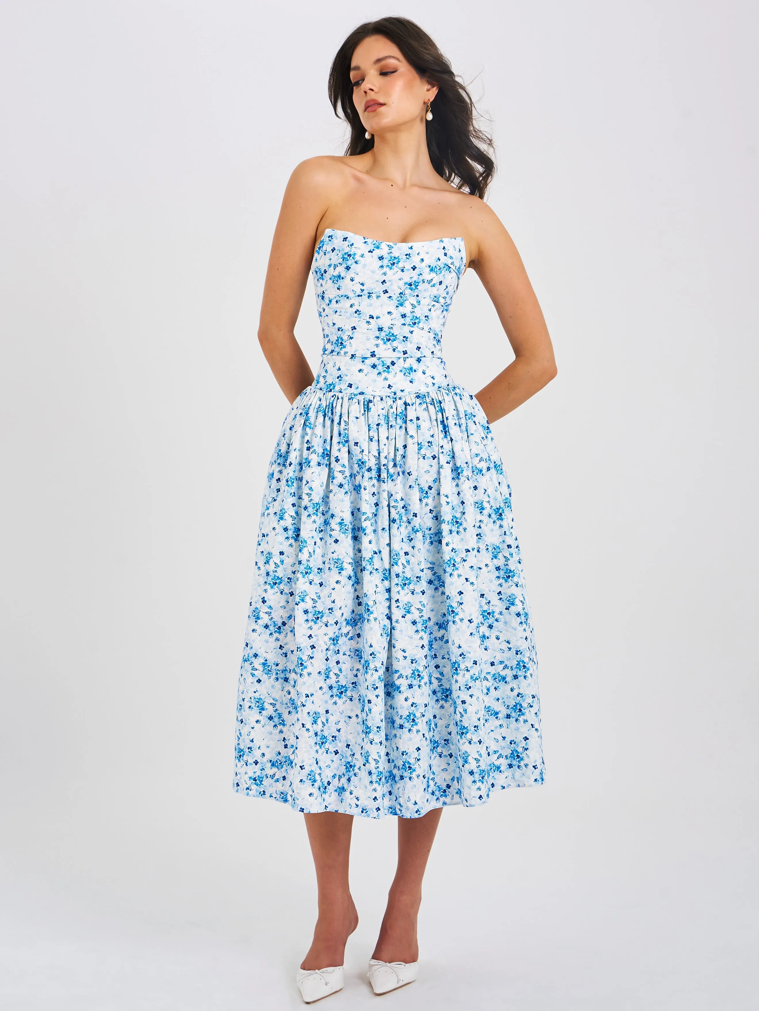 Paloma Blue Print Linen Graceful Corset Draping Top Midi Dress