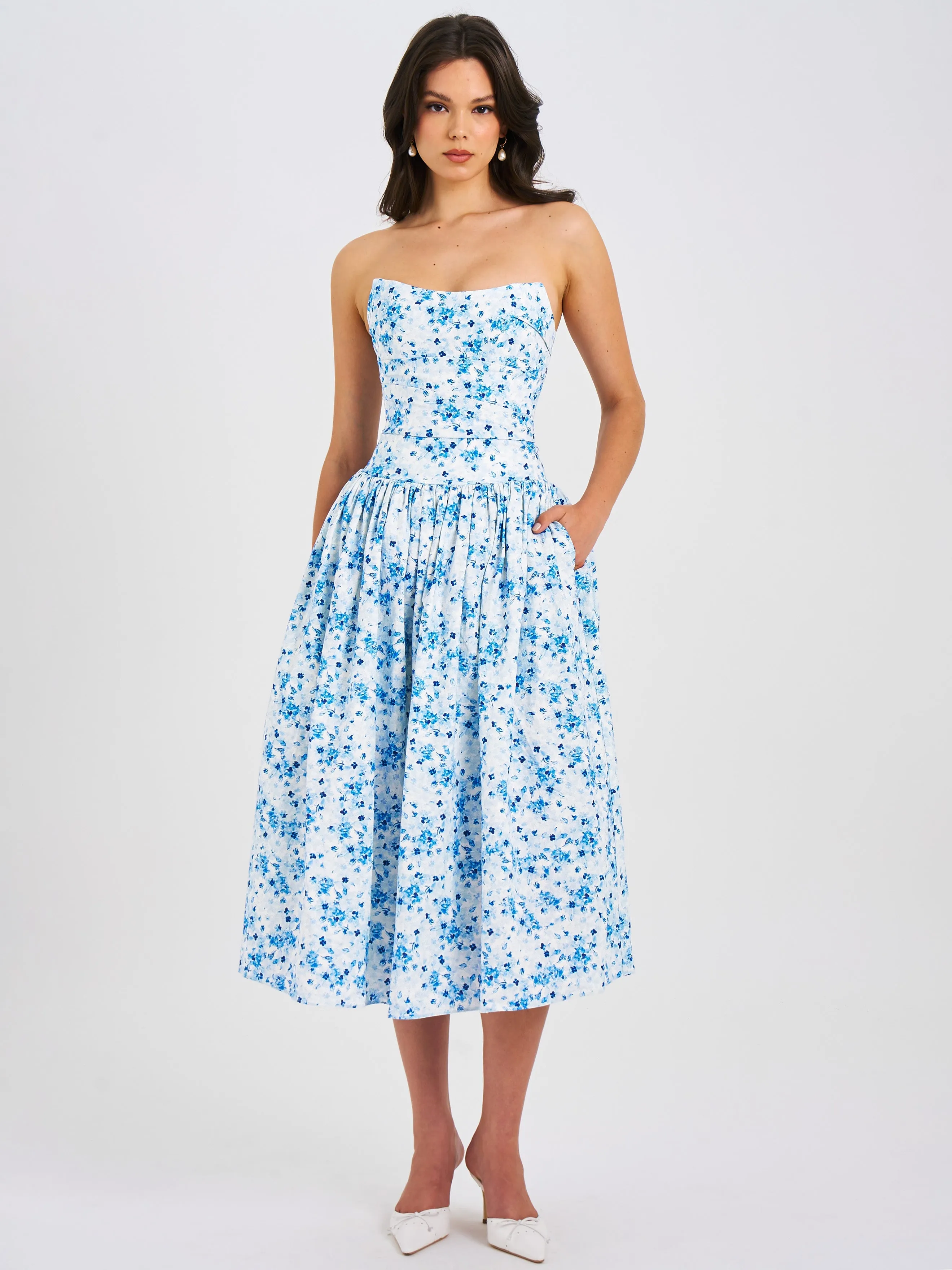 Paloma Blue Print Linen Graceful Corset Draping Top Midi Dress