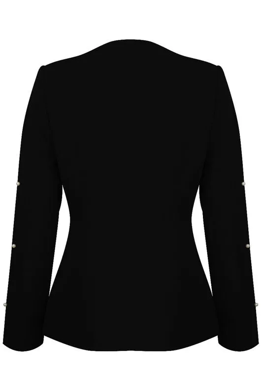 Pearls Trim Lapel-Less Black Blazer