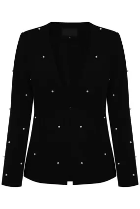 Pearls Trim Lapel-Less Black Blazer