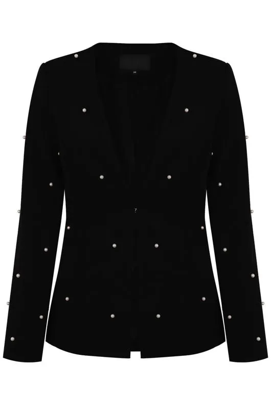 Pearls Trim Lapel-Less Black Blazer