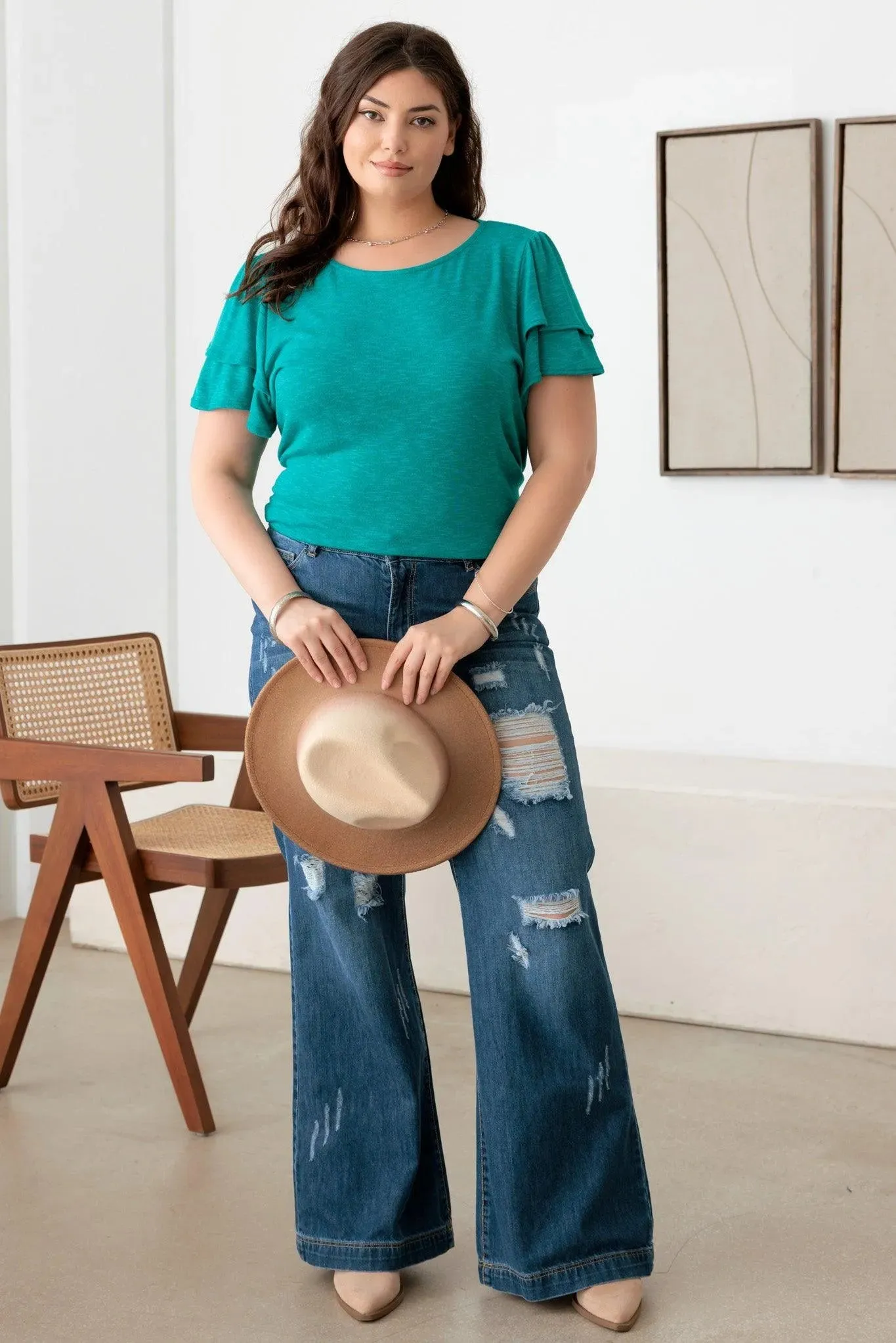 Plus Size Double Ruffle Short Sleeve Crew Neck Top