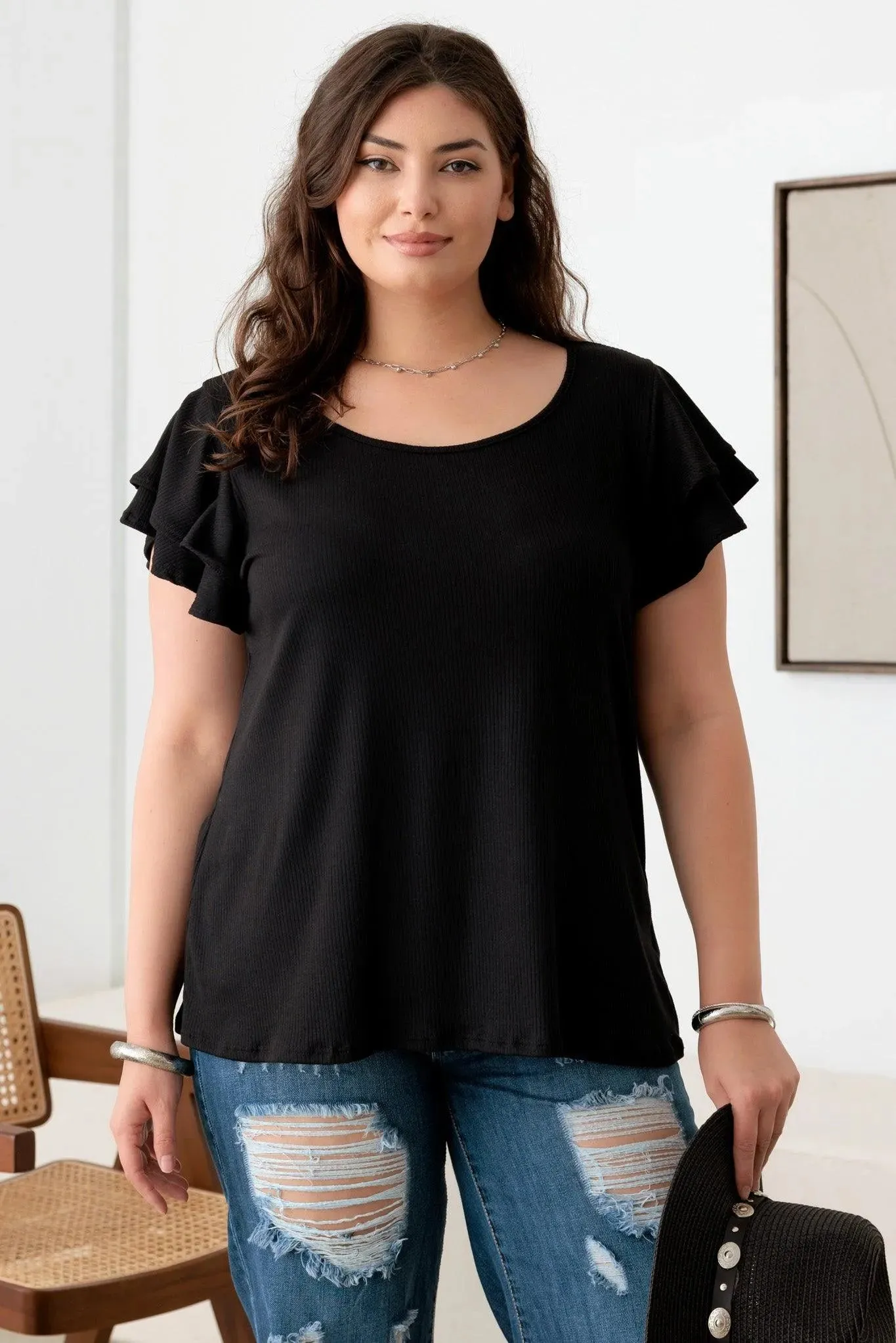 Plus Size Short fluttery sleeves Round Neck Top