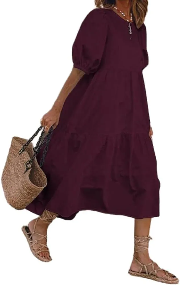 Puffy Sleeve Long Dress for Women Summer Solid Casual Round Neck Loose Large Size Flutter Swing A Line Beach Long Dresses