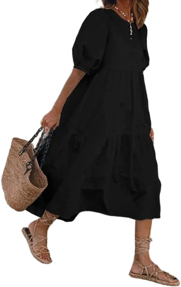 Puffy Sleeve Long Dress for Women Summer Solid Casual Round Neck Loose Large Size Flutter Swing A Line Beach Long Dresses